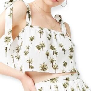 Forever 21 White Palm Tree Crop Top Tie Strap Summer Resort Beachwear Sz Small